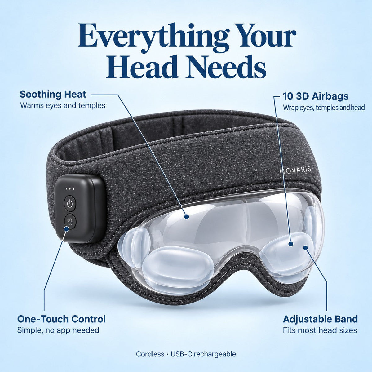 HaloRest benefits: soothing heat, 10 3D airbags, one-touch control, adjustable band
