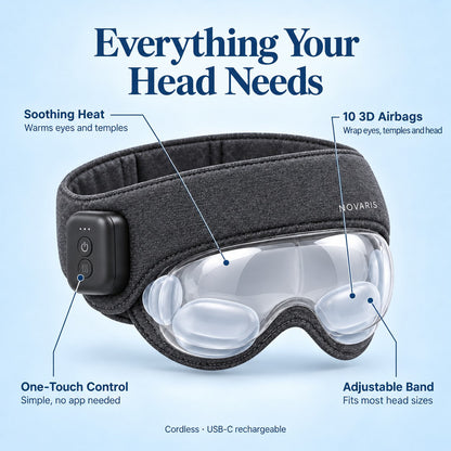 HaloRest benefits: soothing heat, 10 3D airbags, one-touch control, adjustable band