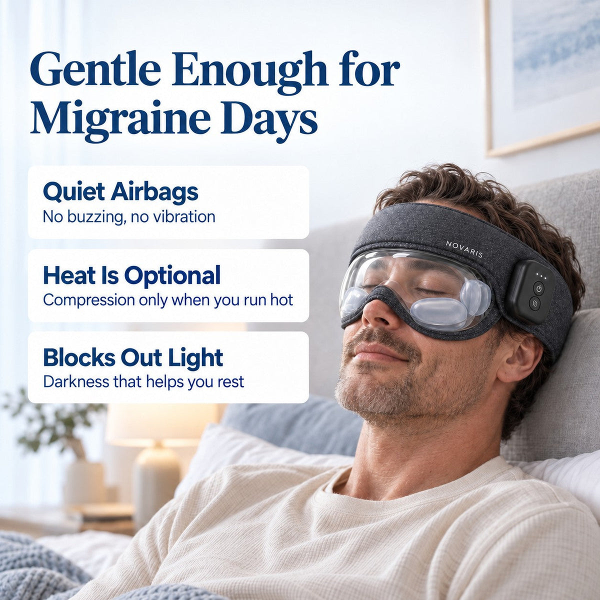 Gentle enough for migraine days: quiet airbags, optional heat, blocks out light